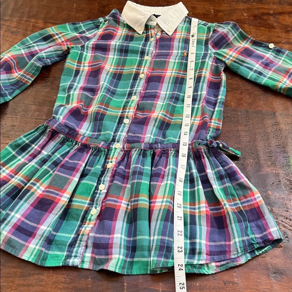 RALPH LAUREN Midi Shirt Dress Flounce Hem Girls Multicolor Madras Plaid Size 7